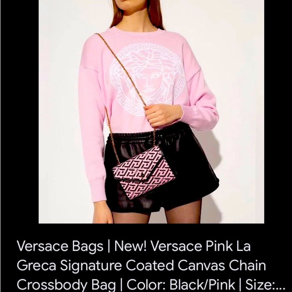 🔥NEW VERSACE Pink La Greca Signature Coated Canvas Chain Crossbody Dust bag Box